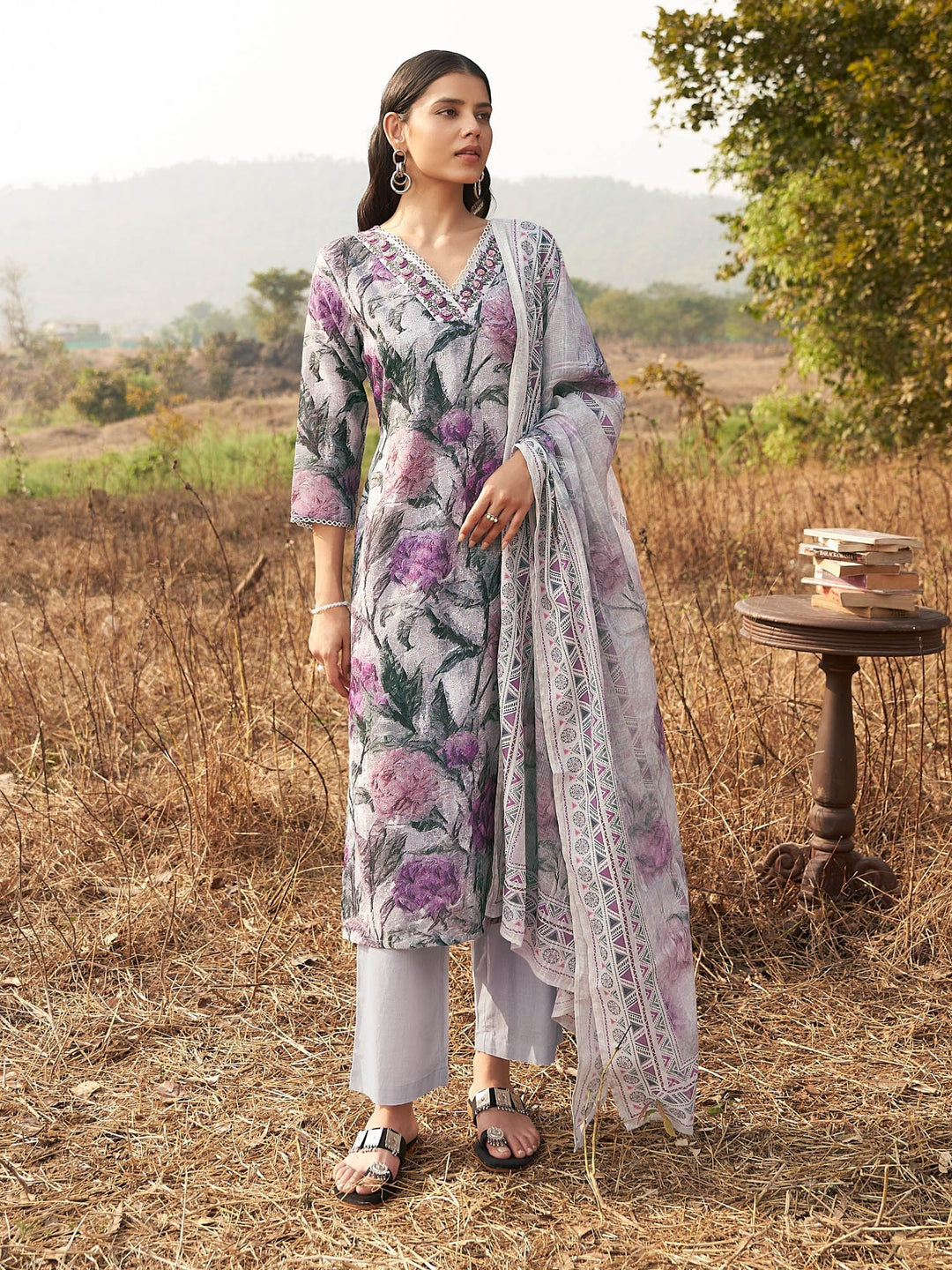 Floral Printed Kurta With Pants &amp; Dupatta