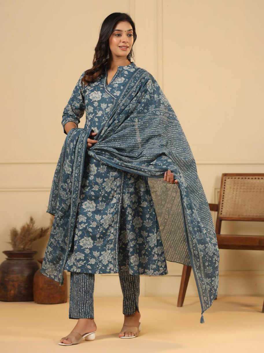 Floral Printed Kurta With Pants &amp; Dupatta