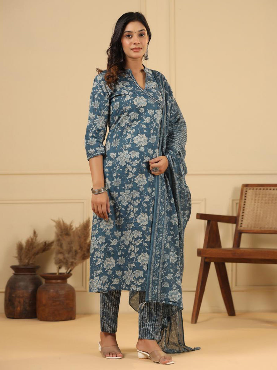 Floral Printed Kurta With Pants & Dupatta