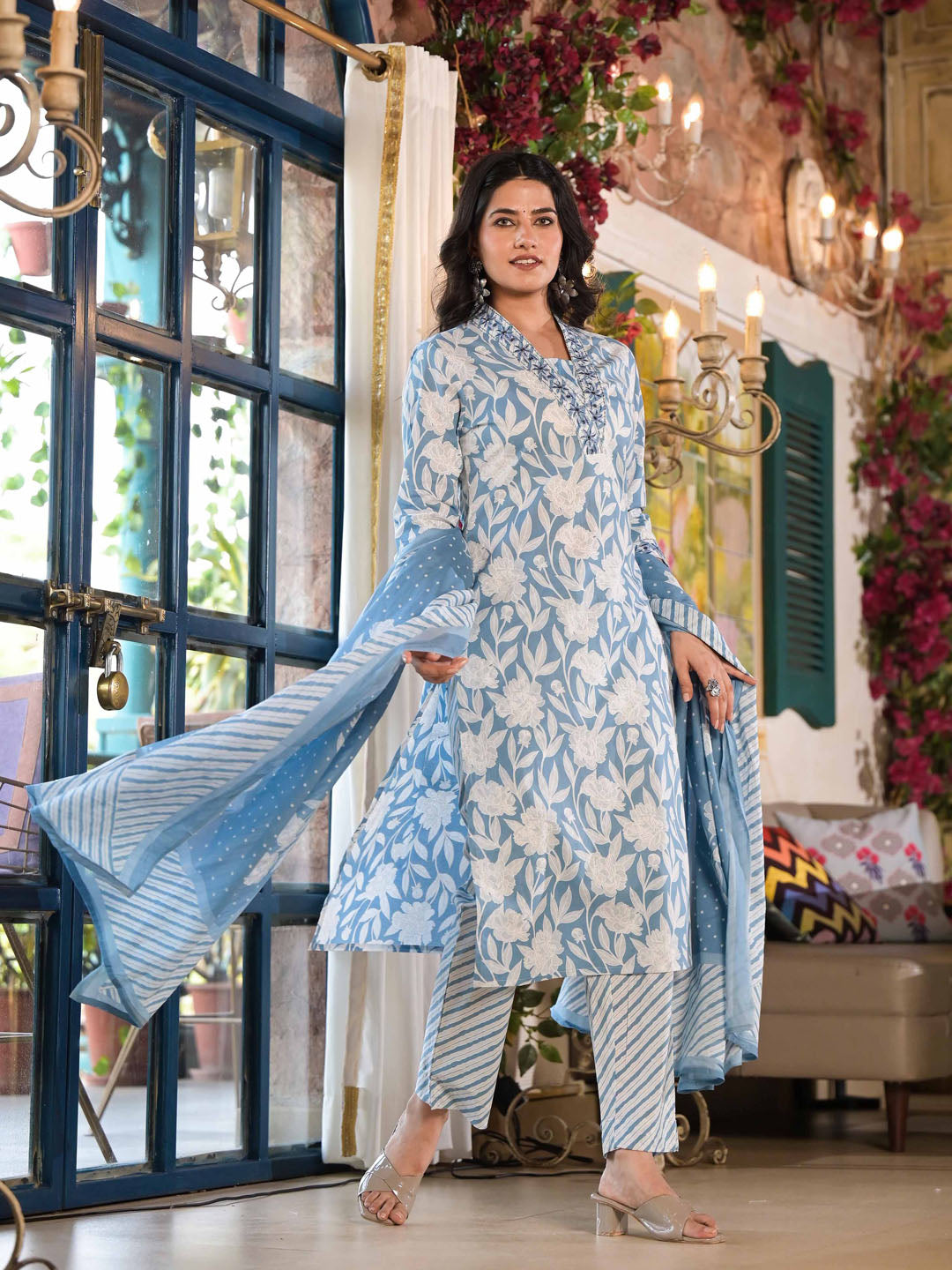Floral Printed Cotton Kurta With Pants &amp; Dupatta