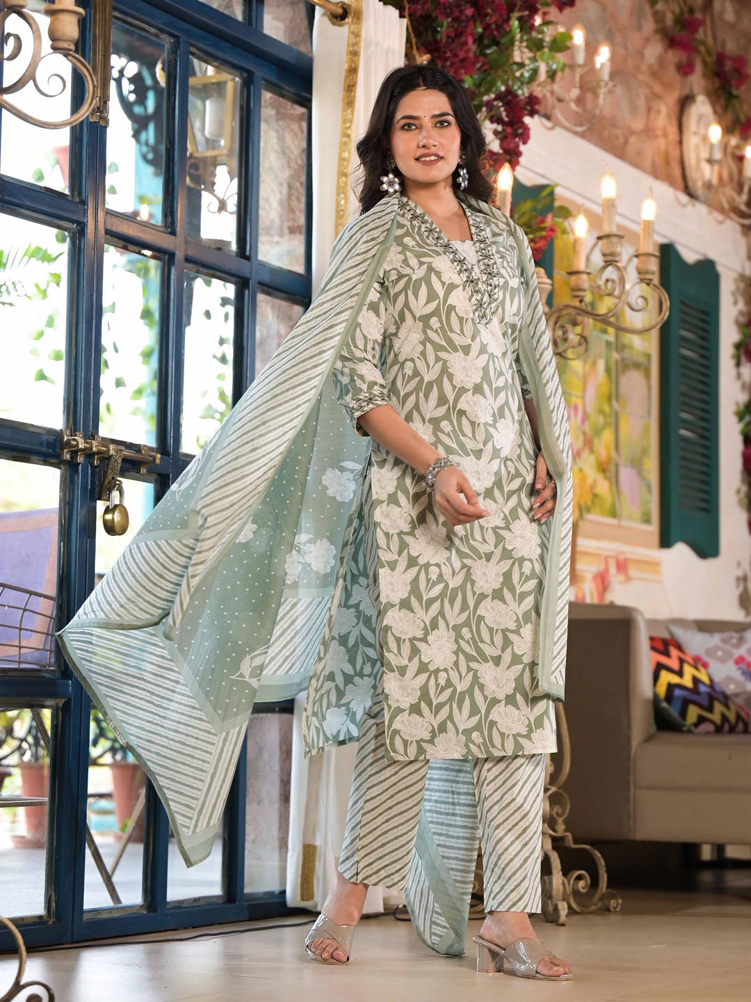 Floral Printed Cotton Kurta With Pants &amp; Dupatta