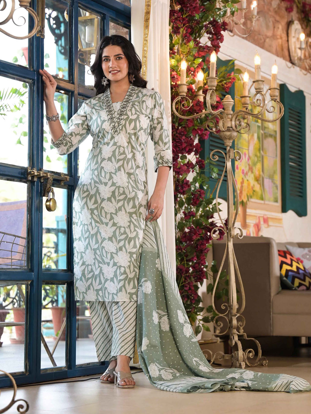 Floral Printed Cotton Kurta With Pants &amp; Dupatta