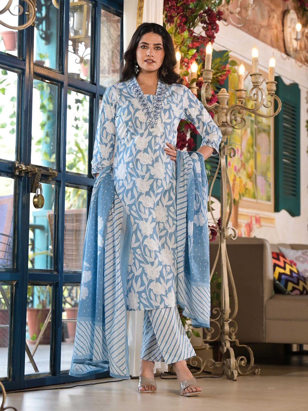 Floral Printed Cotton Kurta With Pants &amp; Dupatta