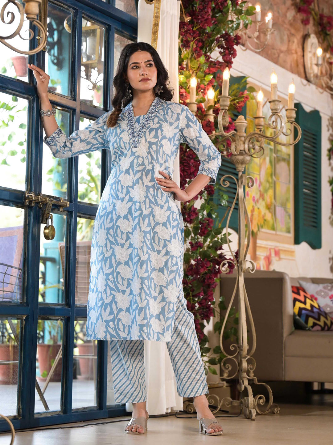 Floral Printed Cotton Kurta With Pants & Dupatta
