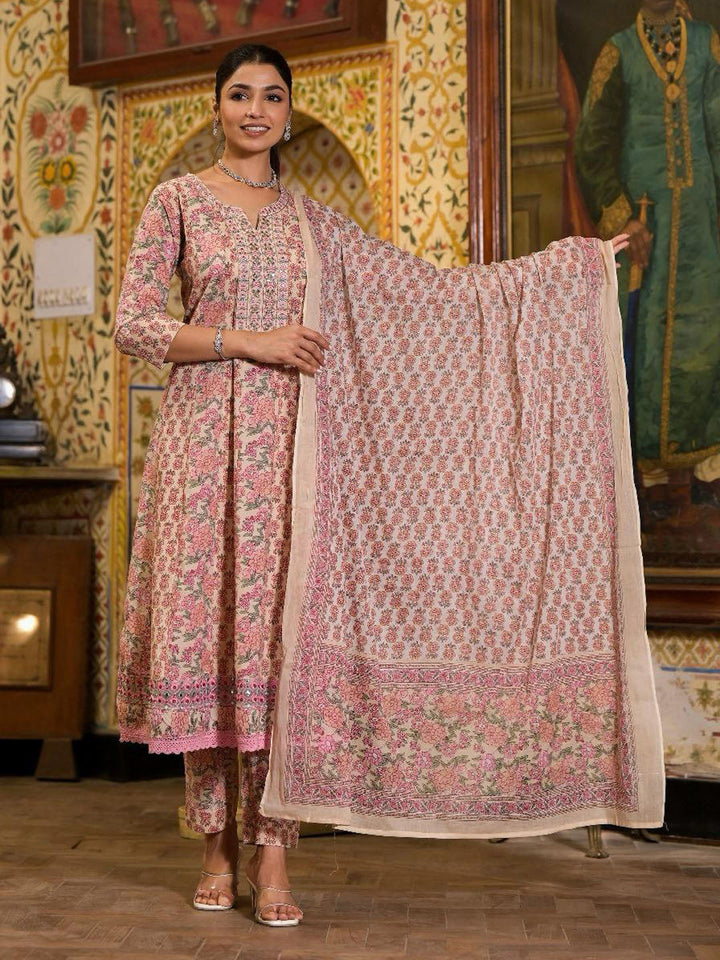Floral Block Printed Cotton Kurta With Pants &amp; Dupatta