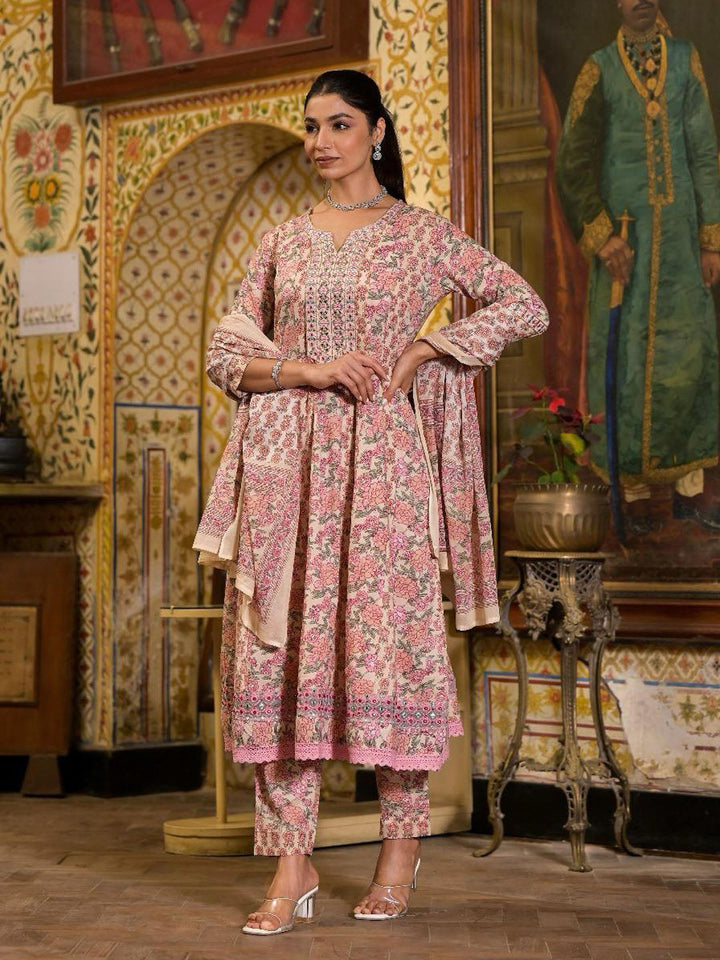 Floral Block Printed Cotton Kurta With Pants &amp; Dupatta
