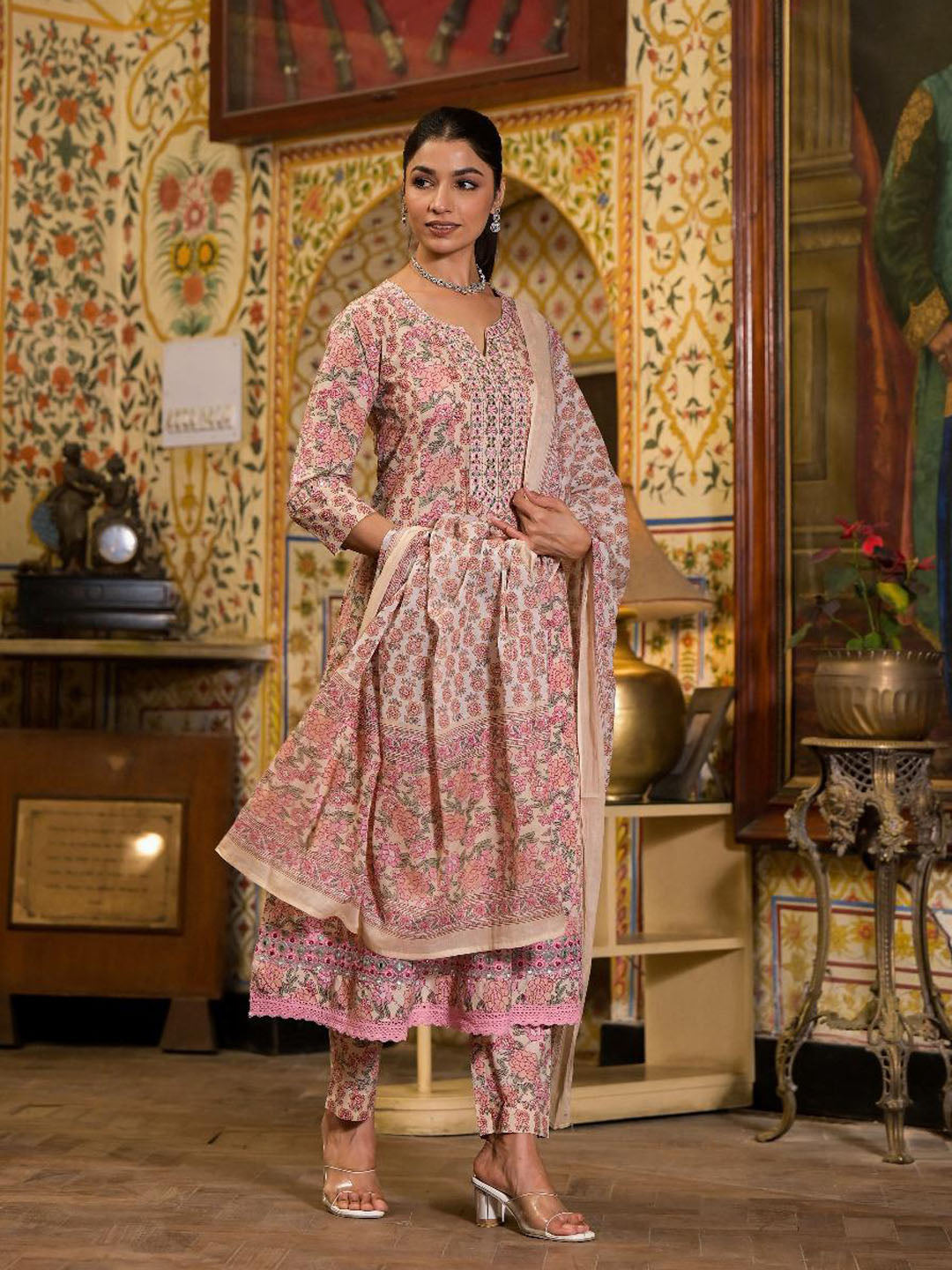 Floral Block Printed Cotton Kurta With Pants &amp; Dupatta