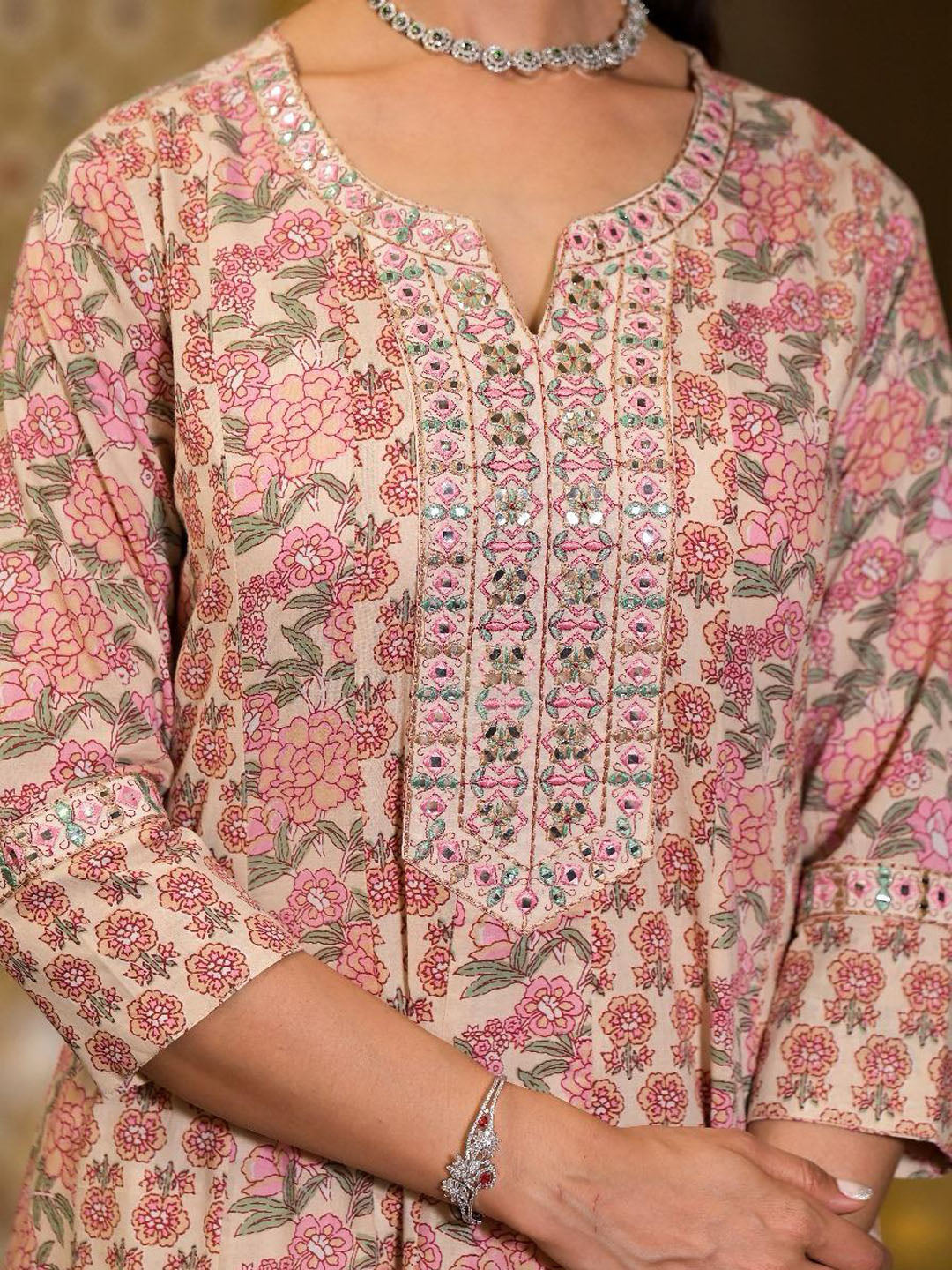Floral Block Printed Cotton Kurta With Pants &amp; Dupatta