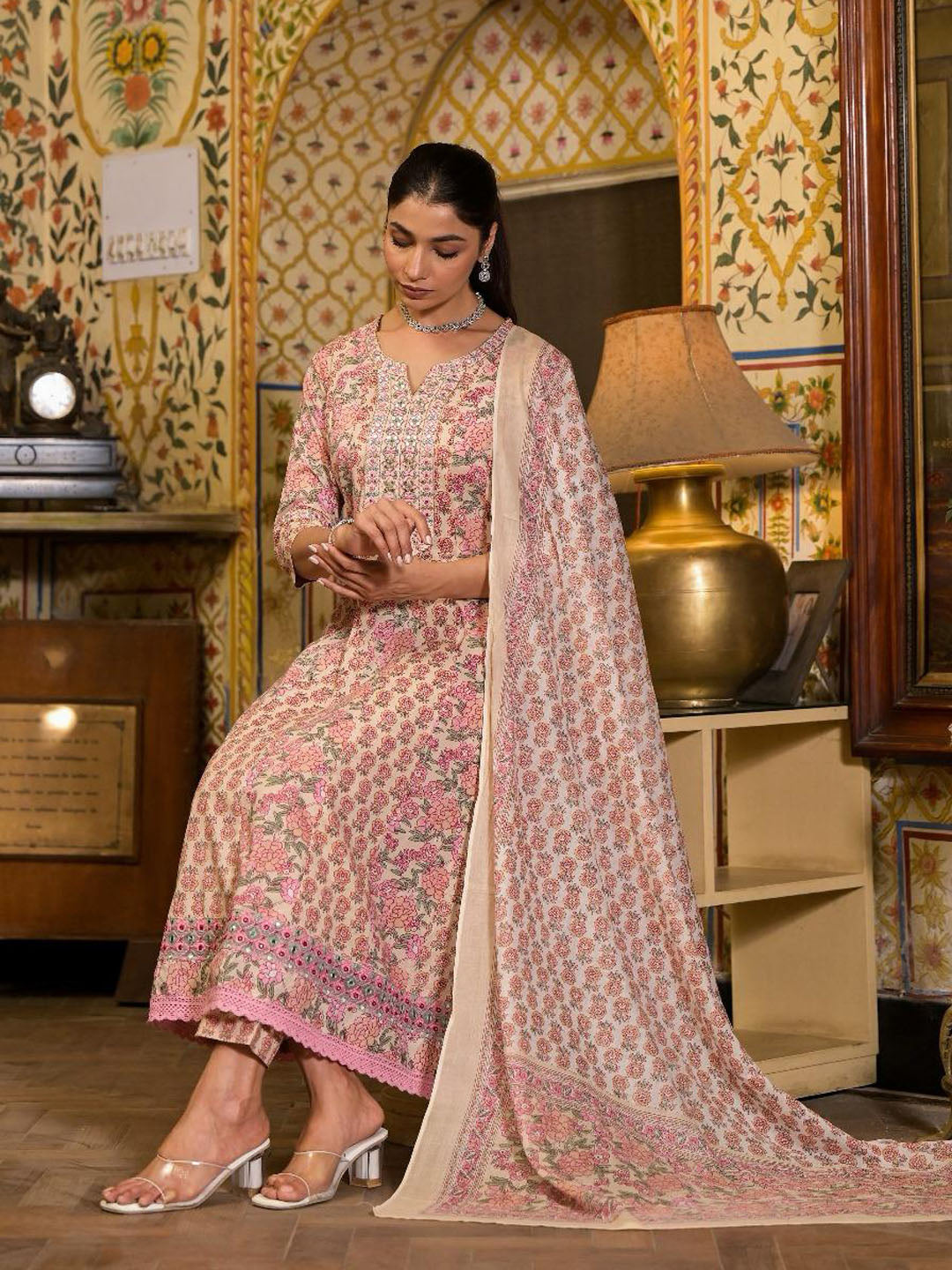 Floral Block Printed Cotton Kurta With Pants & Dupatta