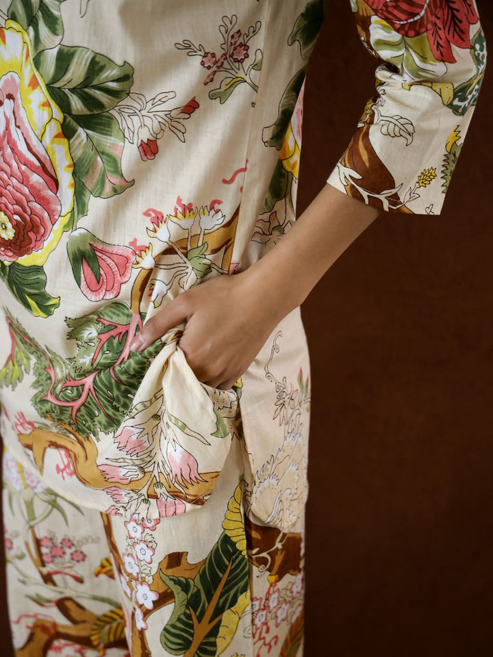 Floral Printed Cotton Kurti With Pants