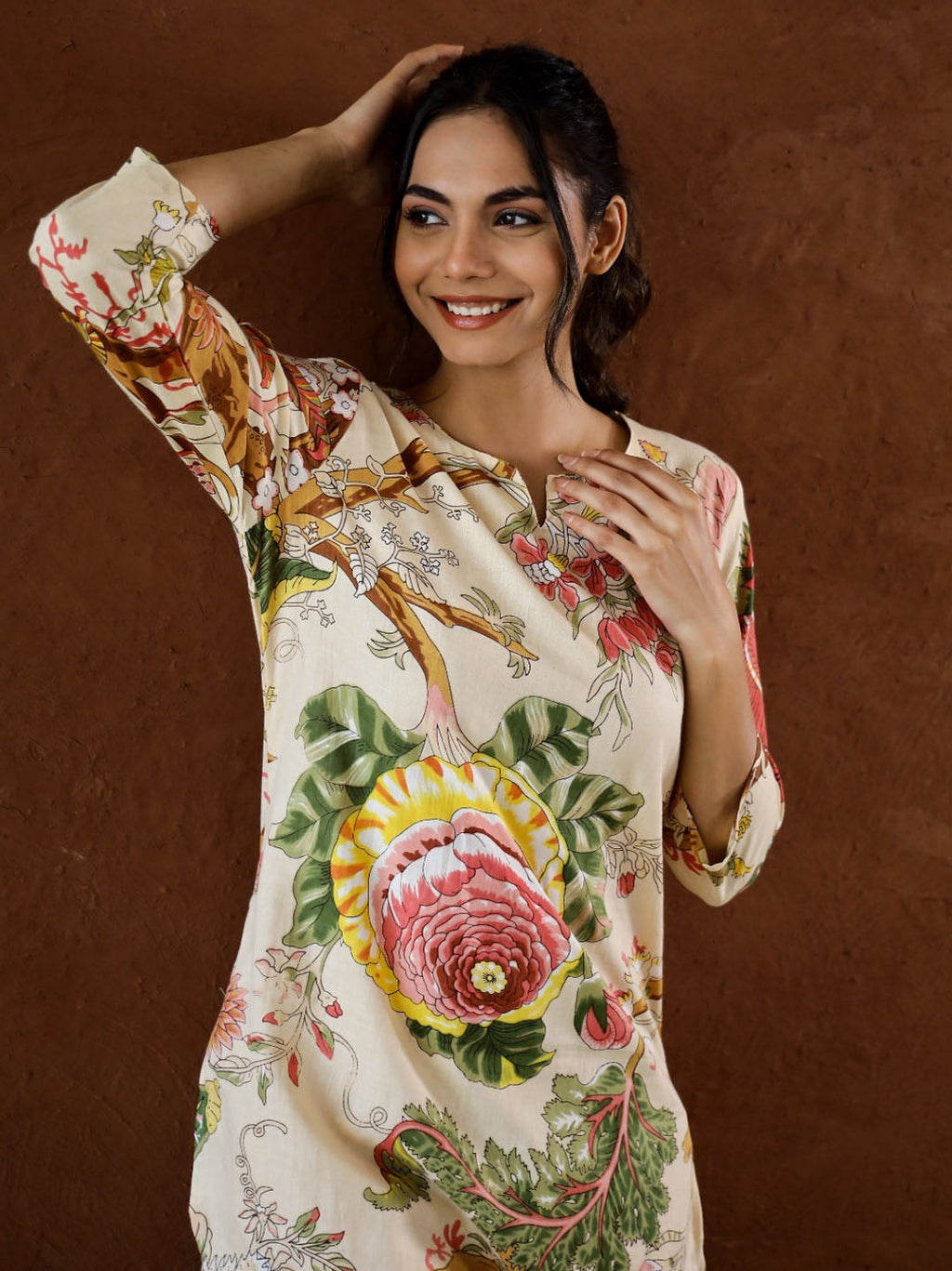 Floral Printed Cotton Kurti With Pants