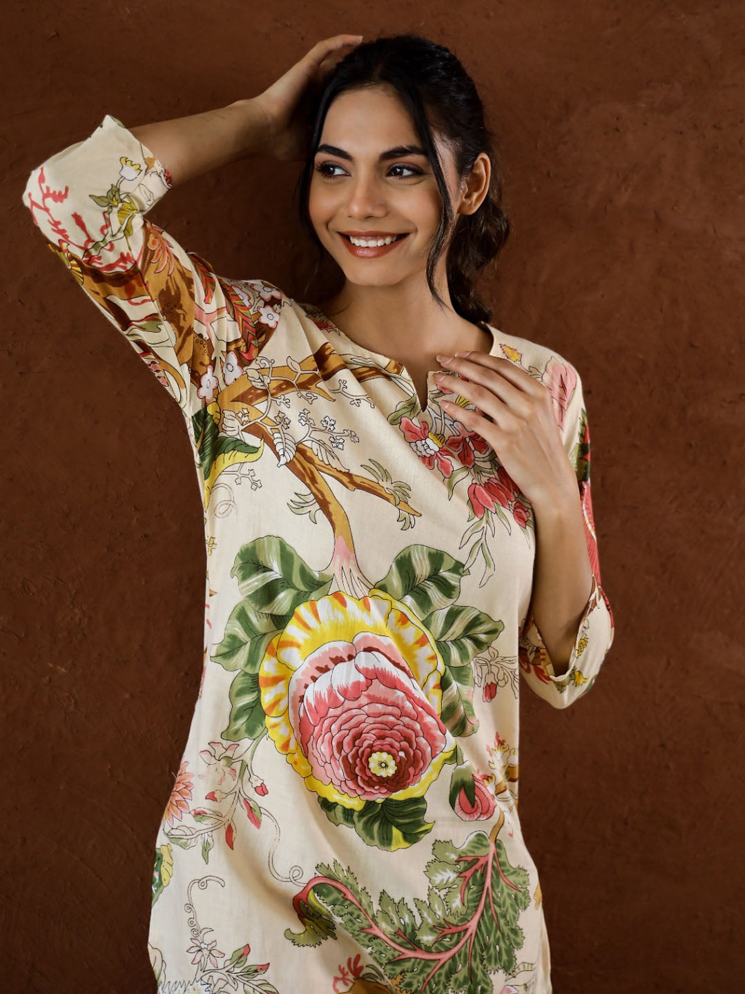 Floral Printed Cotton Kurti With Pants