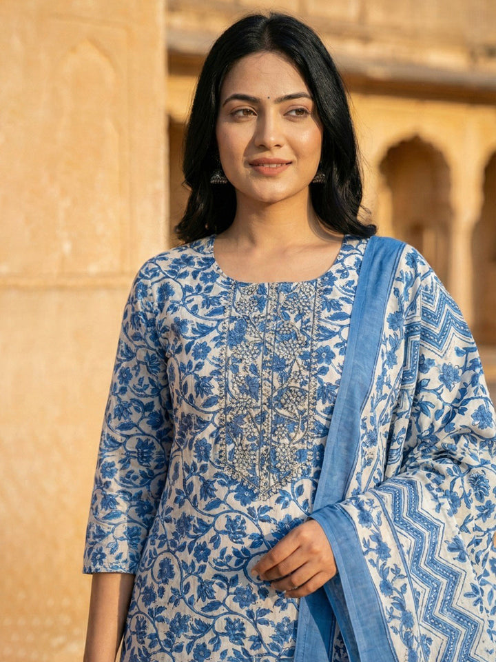 Blue Printed Cotton Blend Straight Suit Set With Dupatta