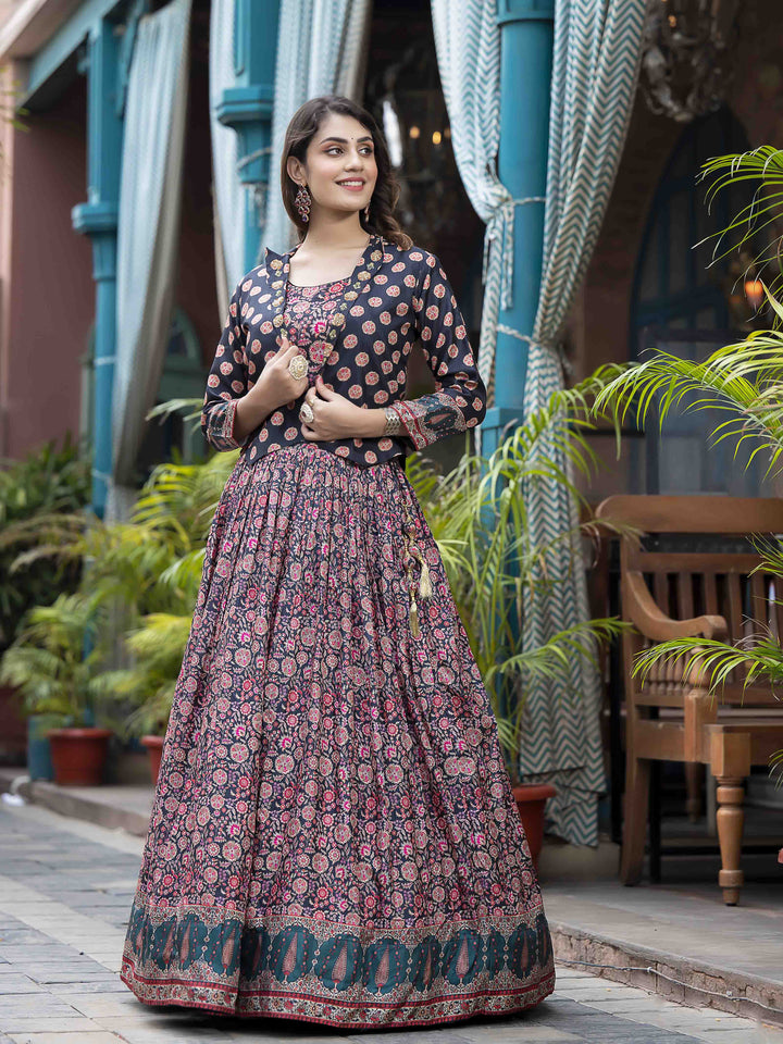 Digital Printed Art Silk Choli With Lehenga &amp; Jacket