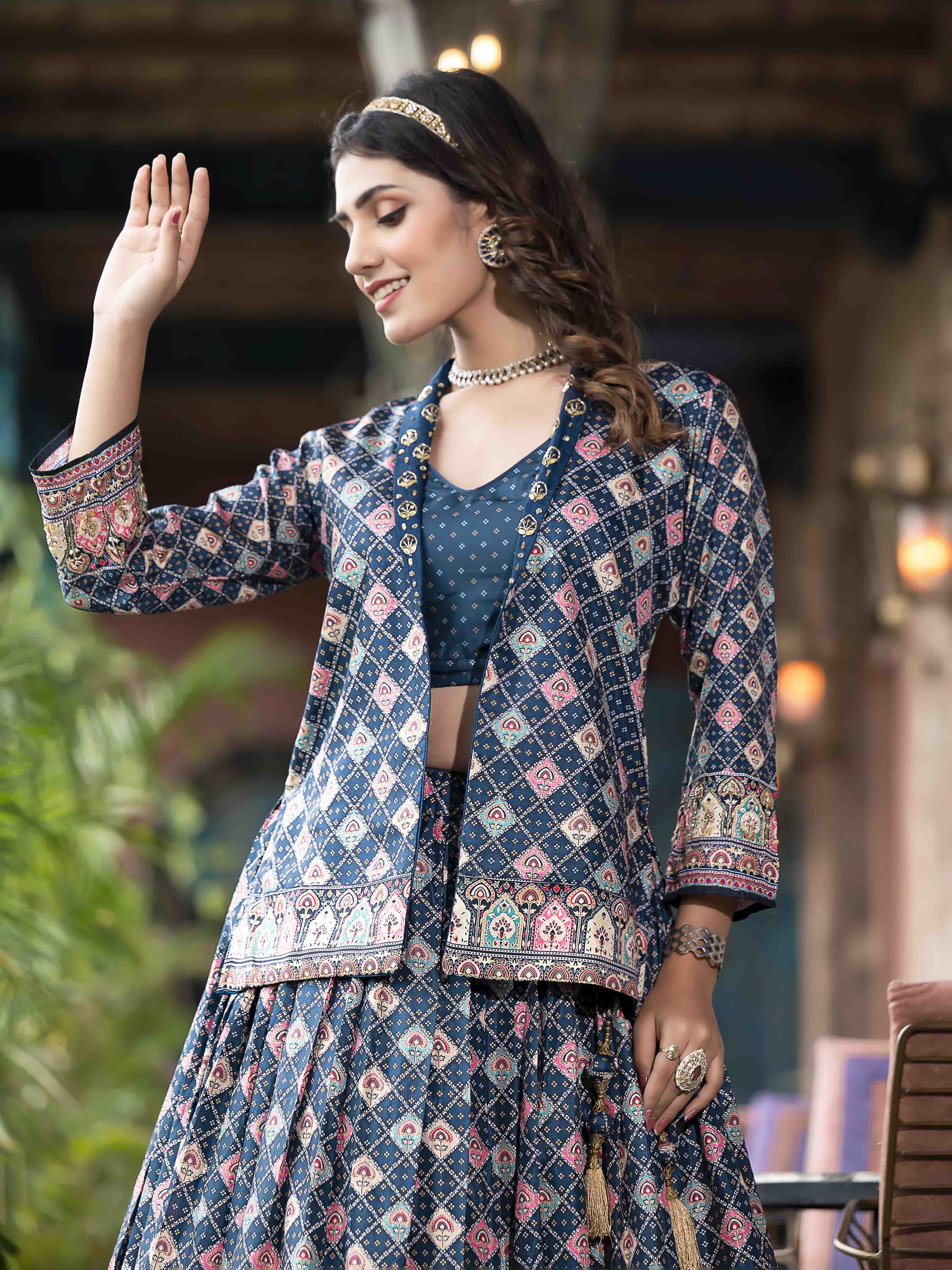 Digital Printed Art Silk Choli With Lehenga & Jacket