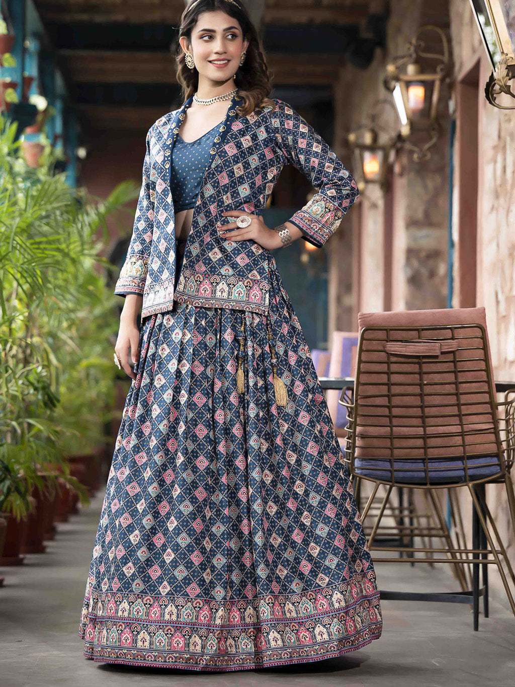 Digital Printed Art Silk Choli With Lehenga & Jacket