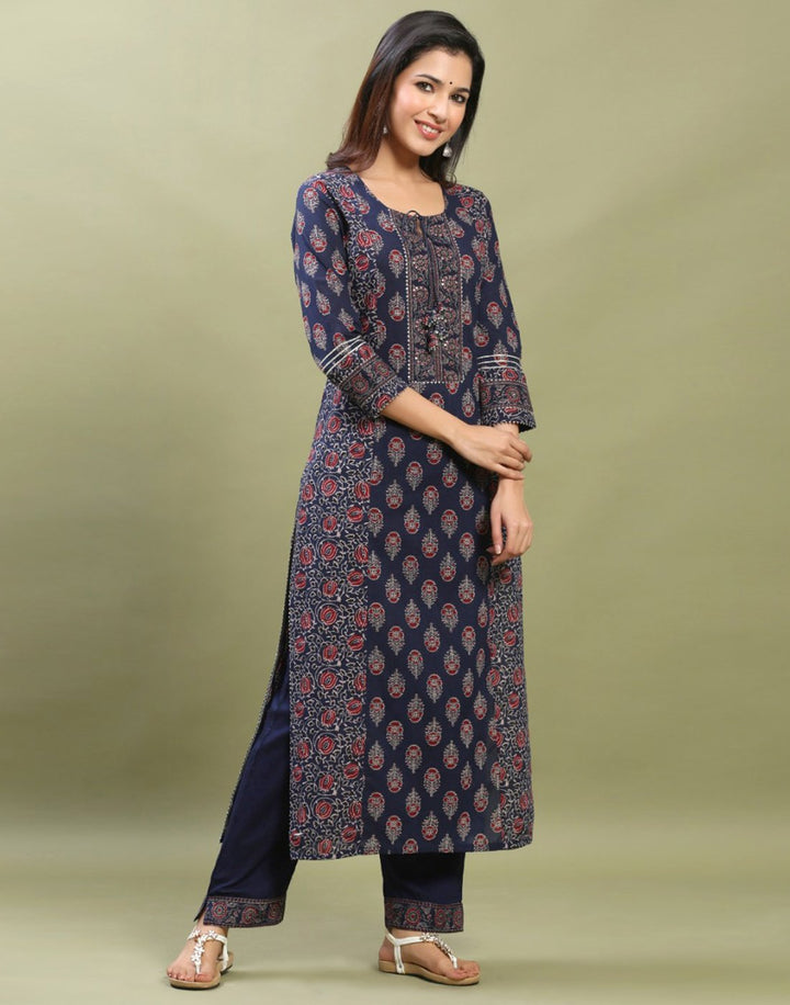 Navy Blue Cotton Printed Kurti Pant Set