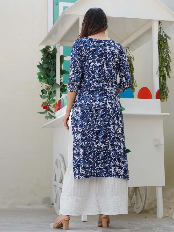 Neck Embroidered &amp; Printed Cotton Kurta With Pants