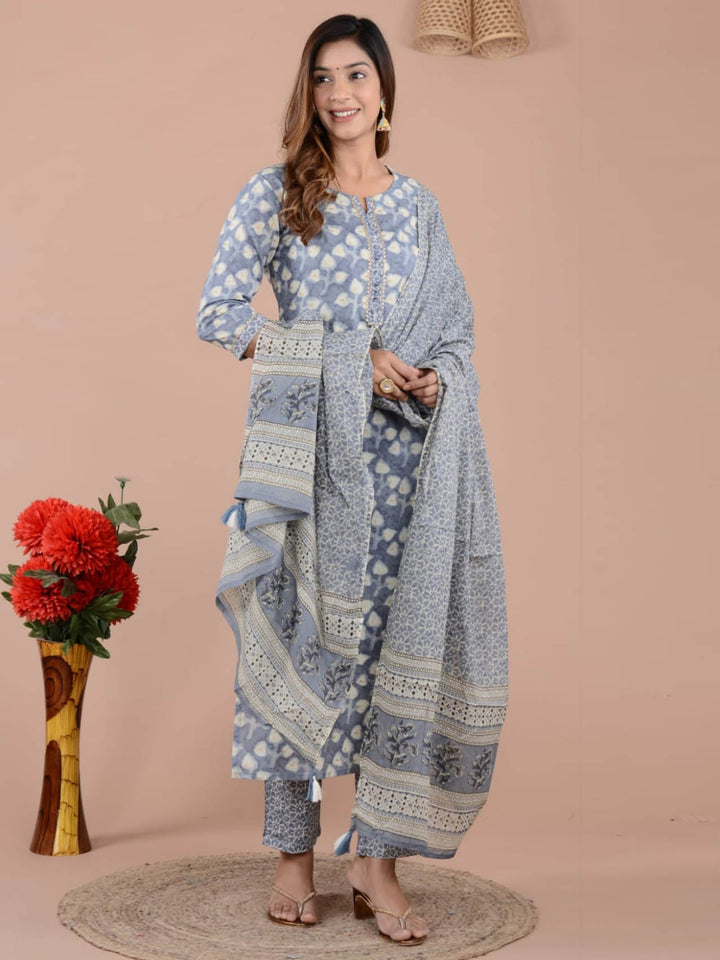 Floral Printed Cotton Kurta With Pants &amp; Dupatta