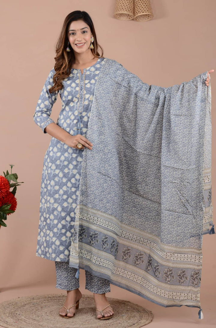 Floral Printed Cotton Kurta With Pants &amp; Dupatta