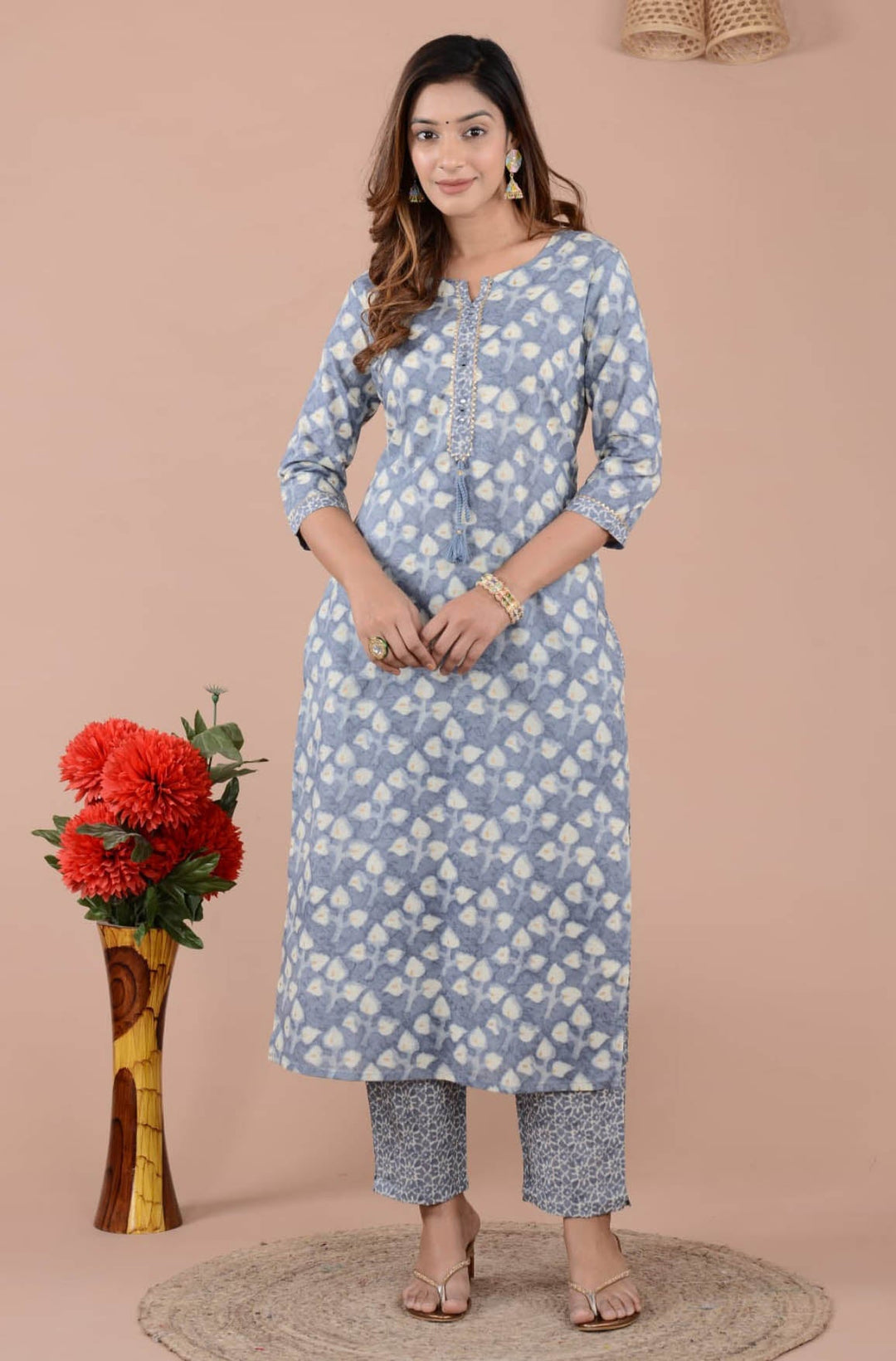 Floral Printed Cotton Kurta With Pants &amp; Dupatta