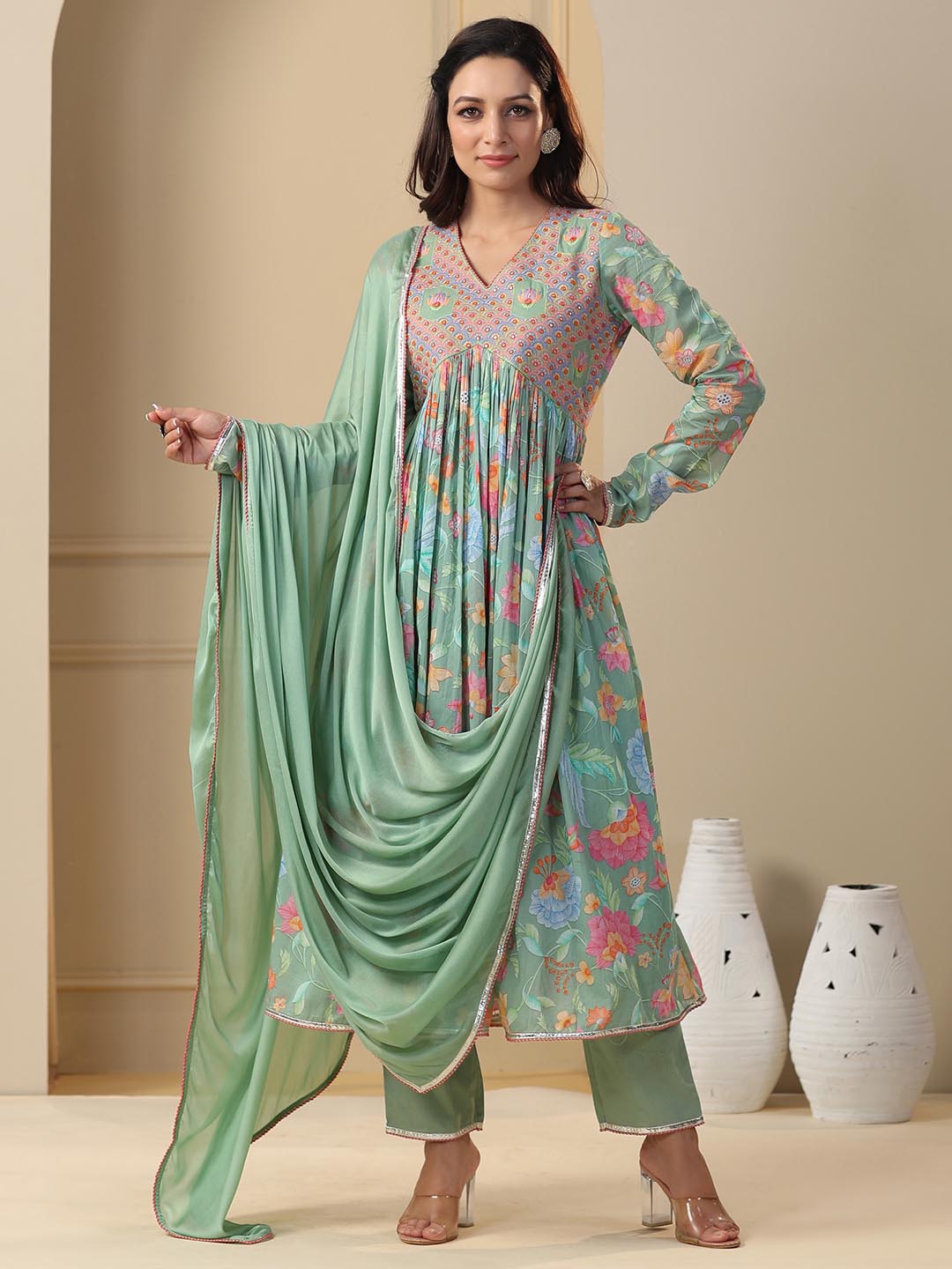 Printed Cotton Kurta With Pants &amp; Dupatta