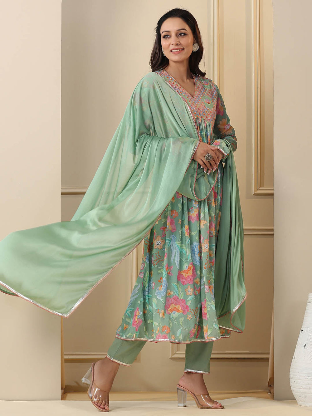 Printed Cotton Kurta With Pants & Dupatta