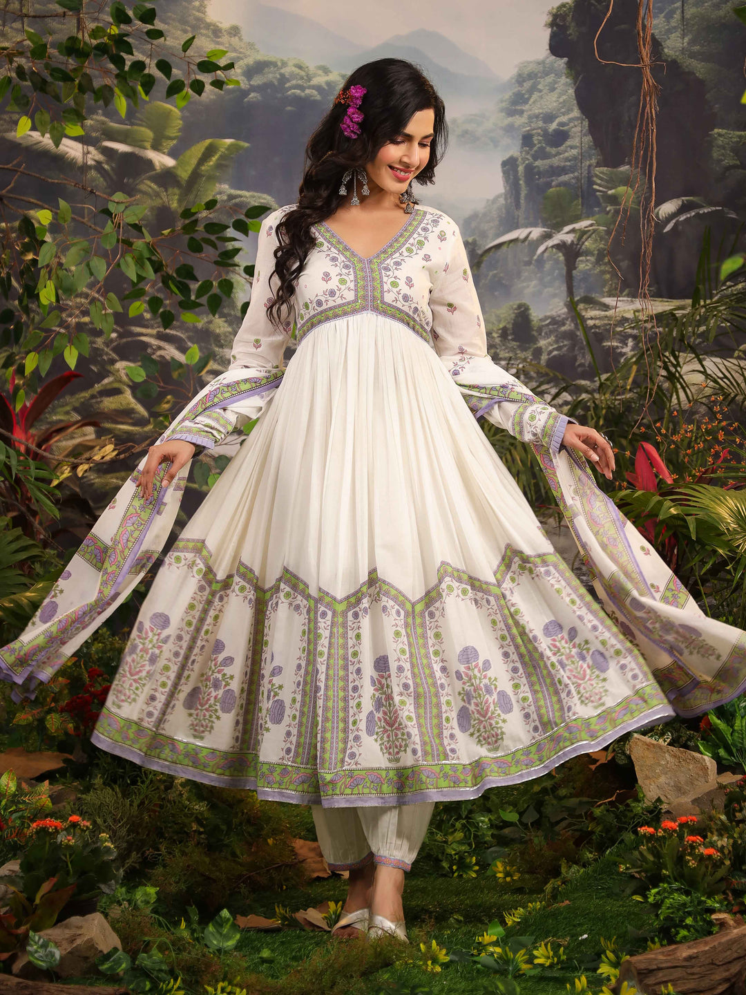 Floral Printed Cotton Kurta With Pants &amp; Dupatta