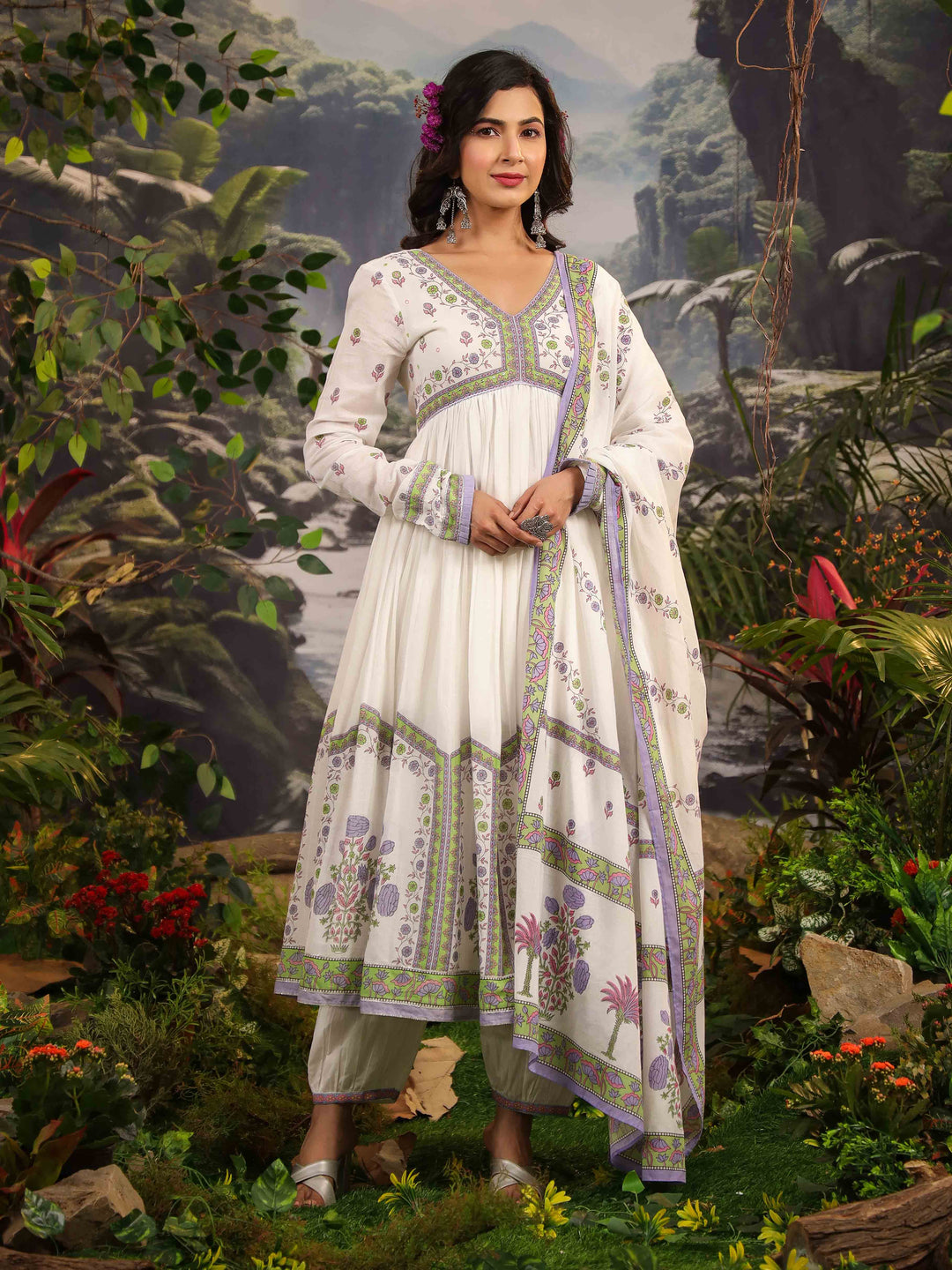 Floral Printed Cotton Kurta With Pants &amp; Dupatta