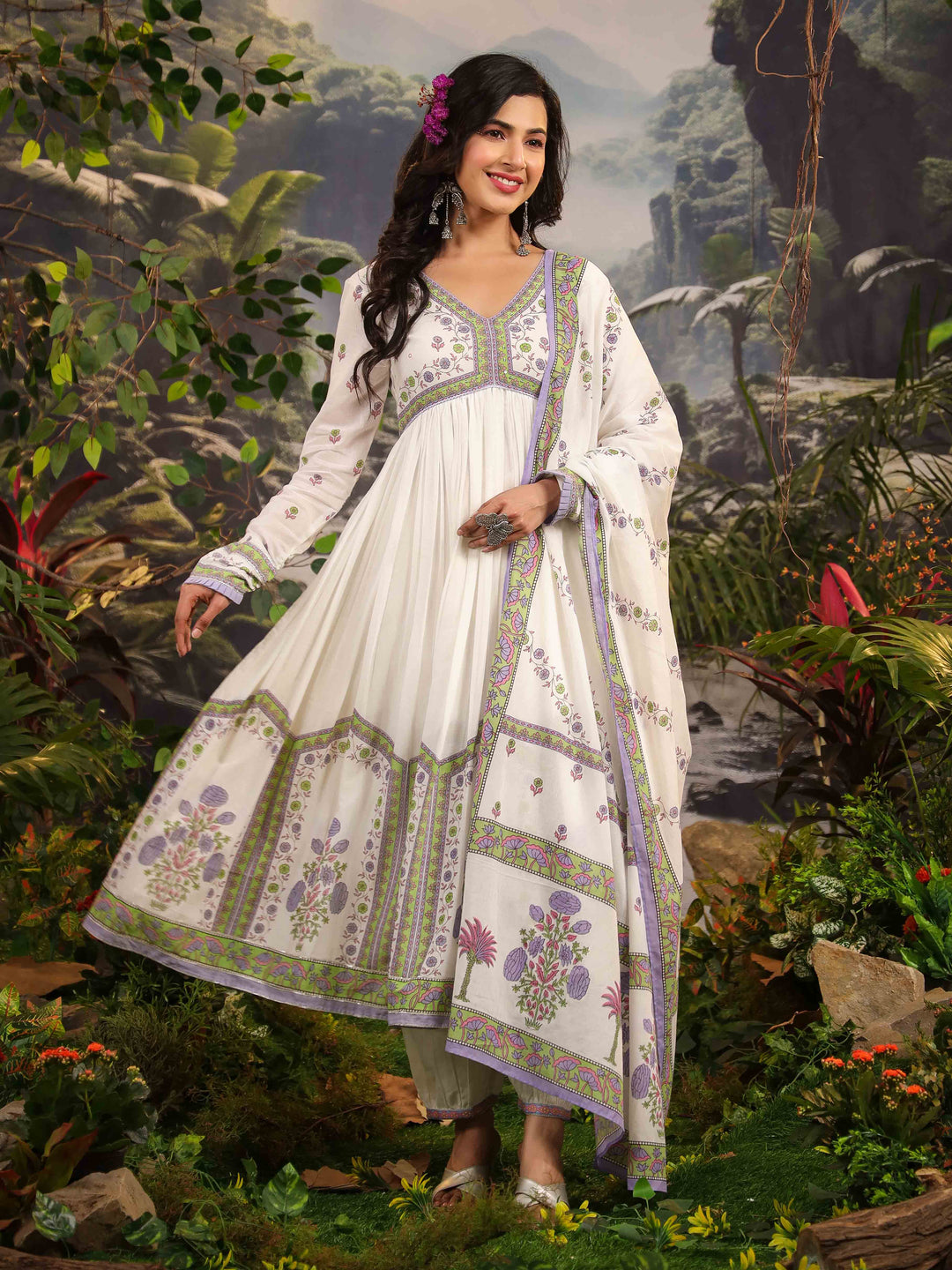 Floral Printed Cotton Kurta With Pants &amp; Dupatta