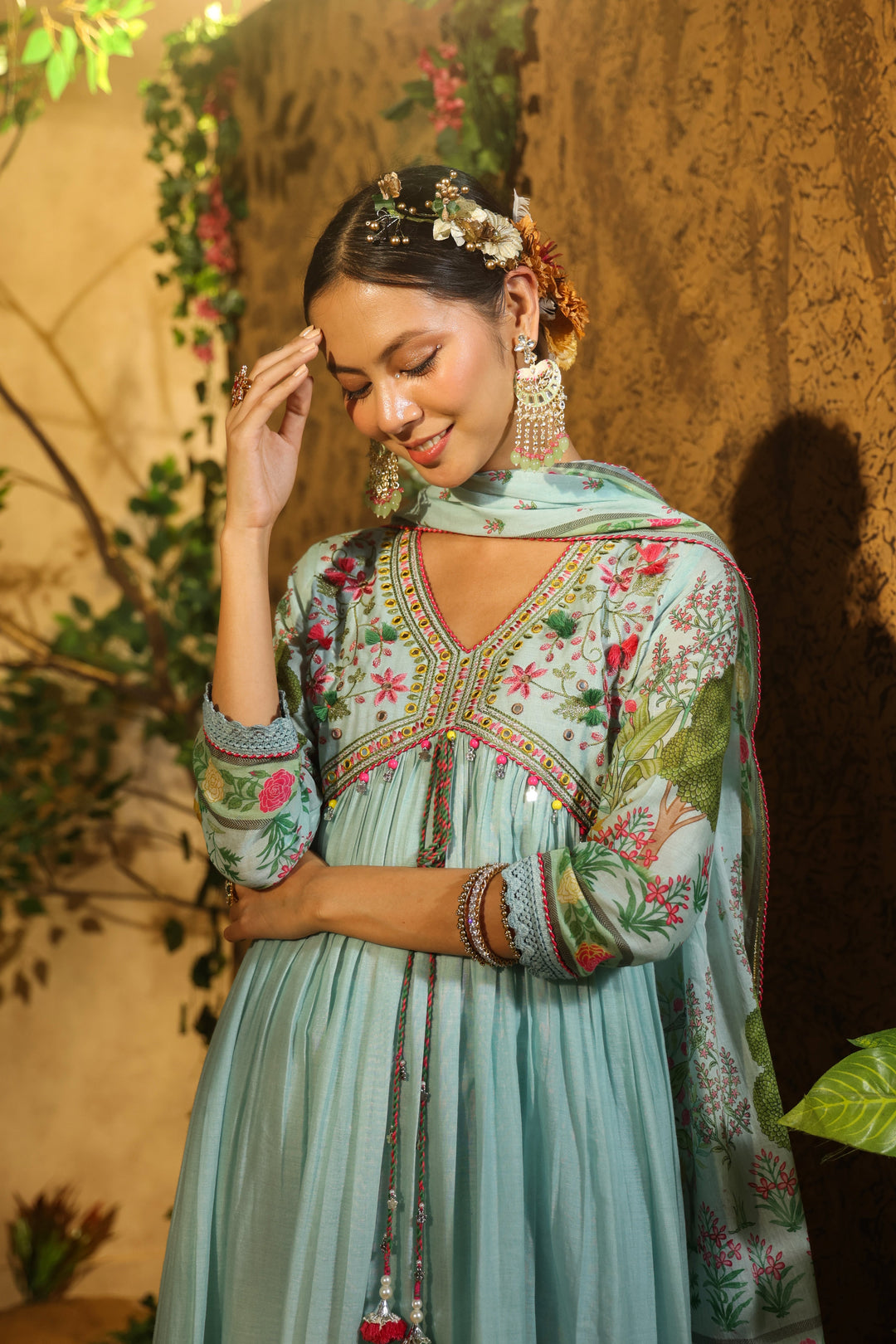 Printed Cotton Kurta With Pants &amp; Dupatta