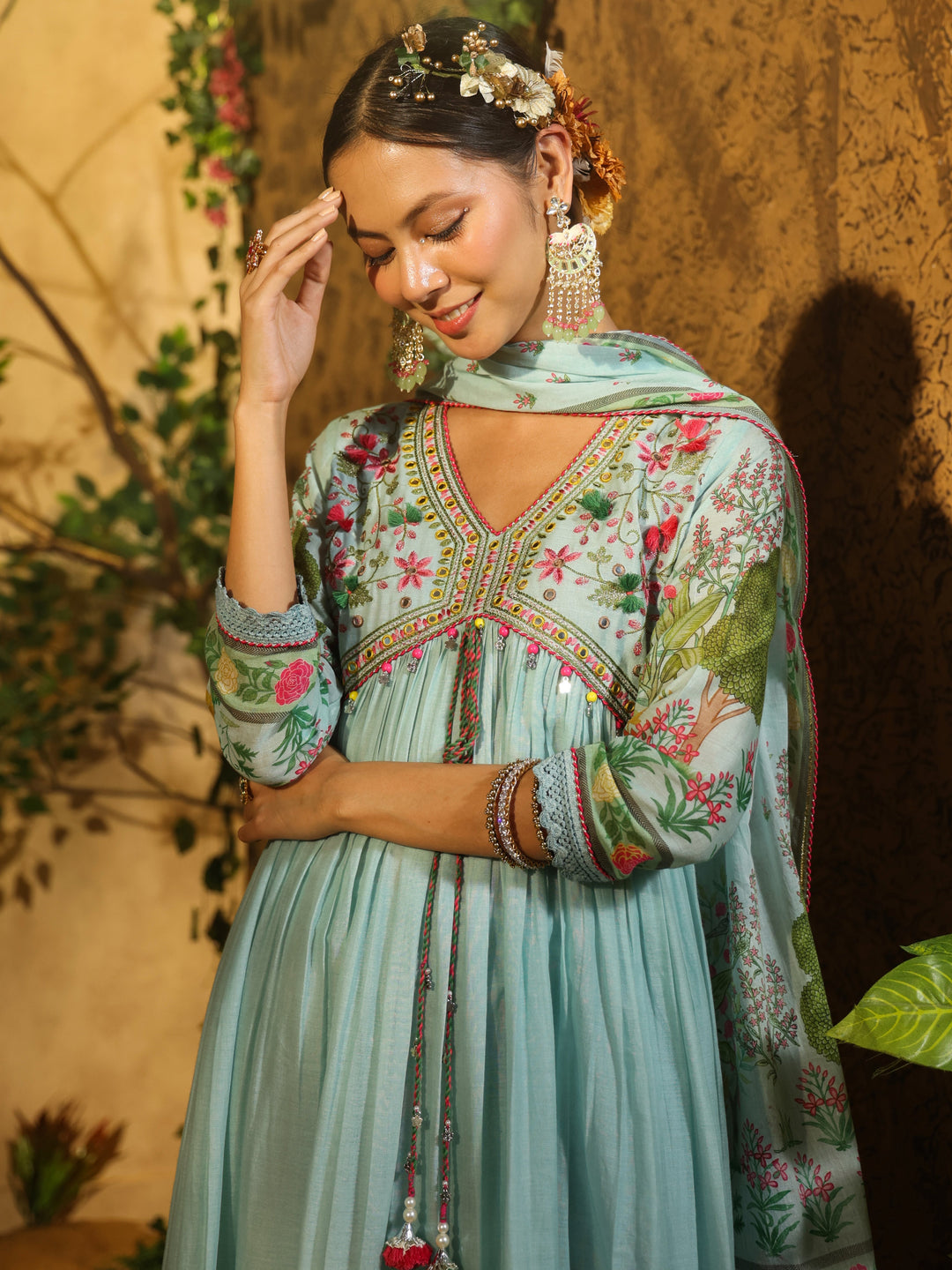 Printed Cotton Kurta With Pants &amp; Dupatta