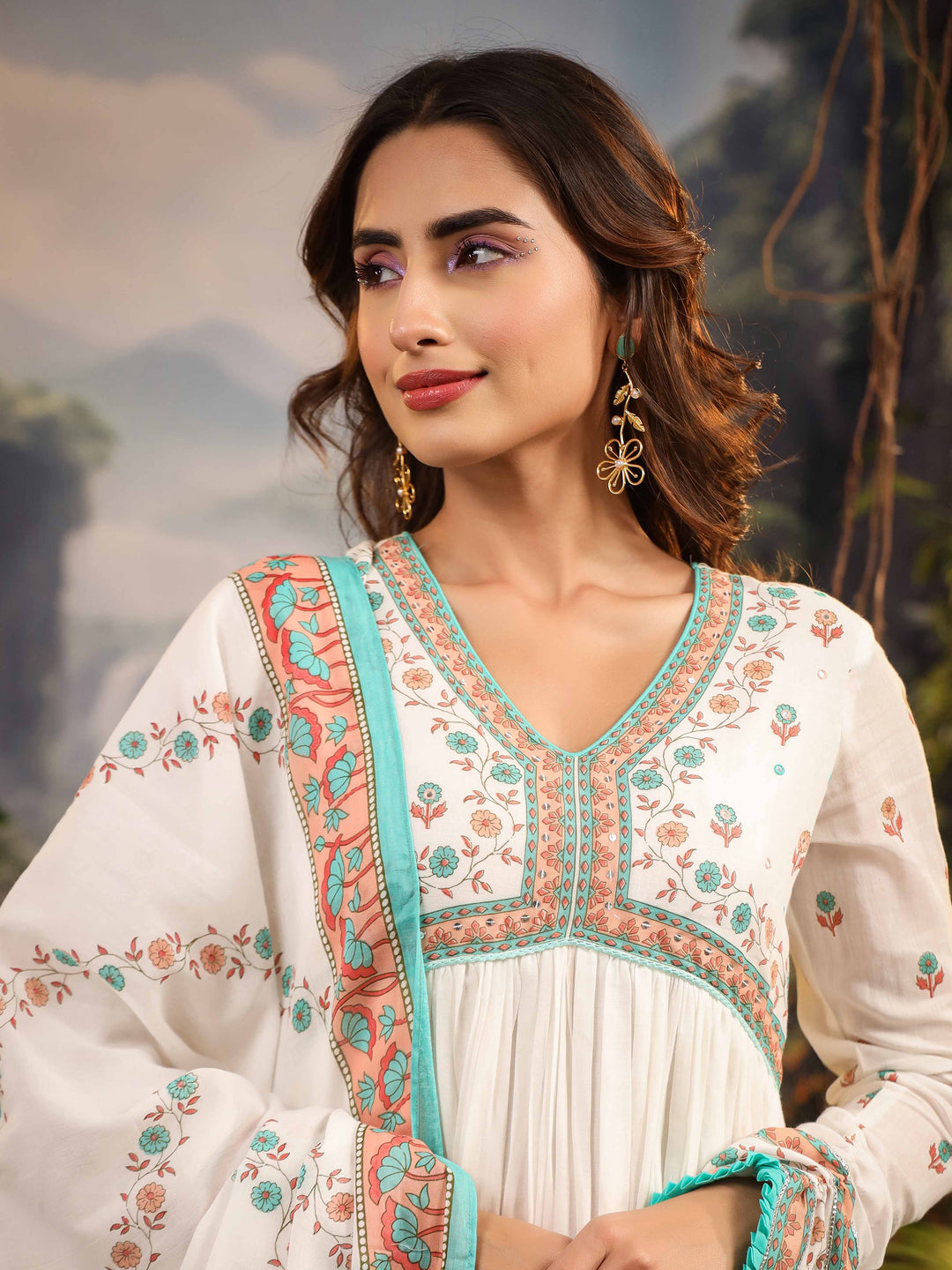 Floral Printed Cotton Kurta With Pants &amp; Dupatta