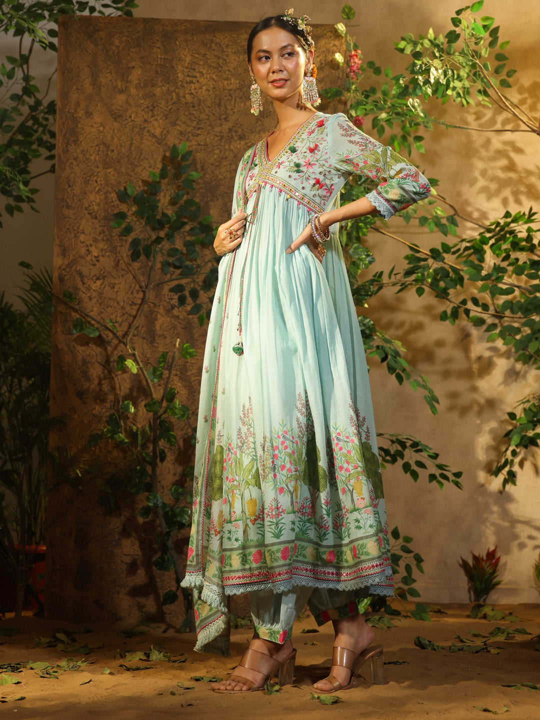 Printed Cotton Kurta With Pants &amp; Dupatta