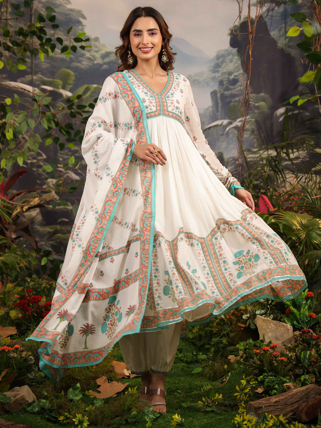 Floral Printed Cotton Kurta With Pants &amp; Dupatta