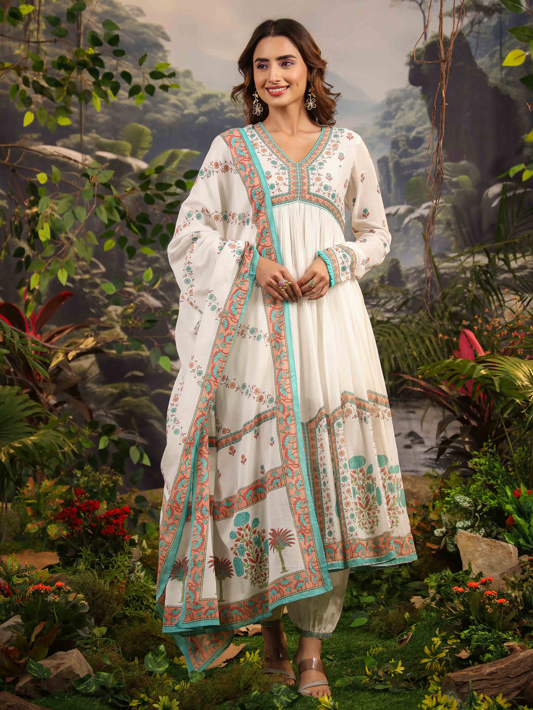 Floral Printed Cotton Kurta With Pants &amp; Dupatta