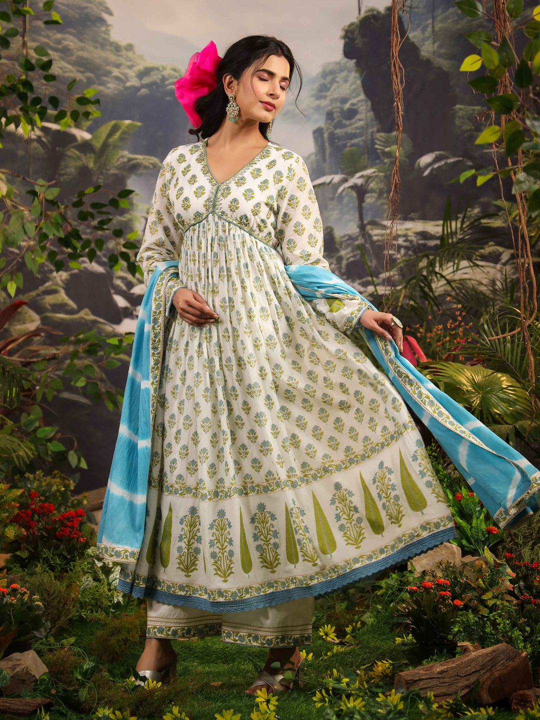 Floral Printed Cotton Kurta With Palazzo &amp; Dupatta