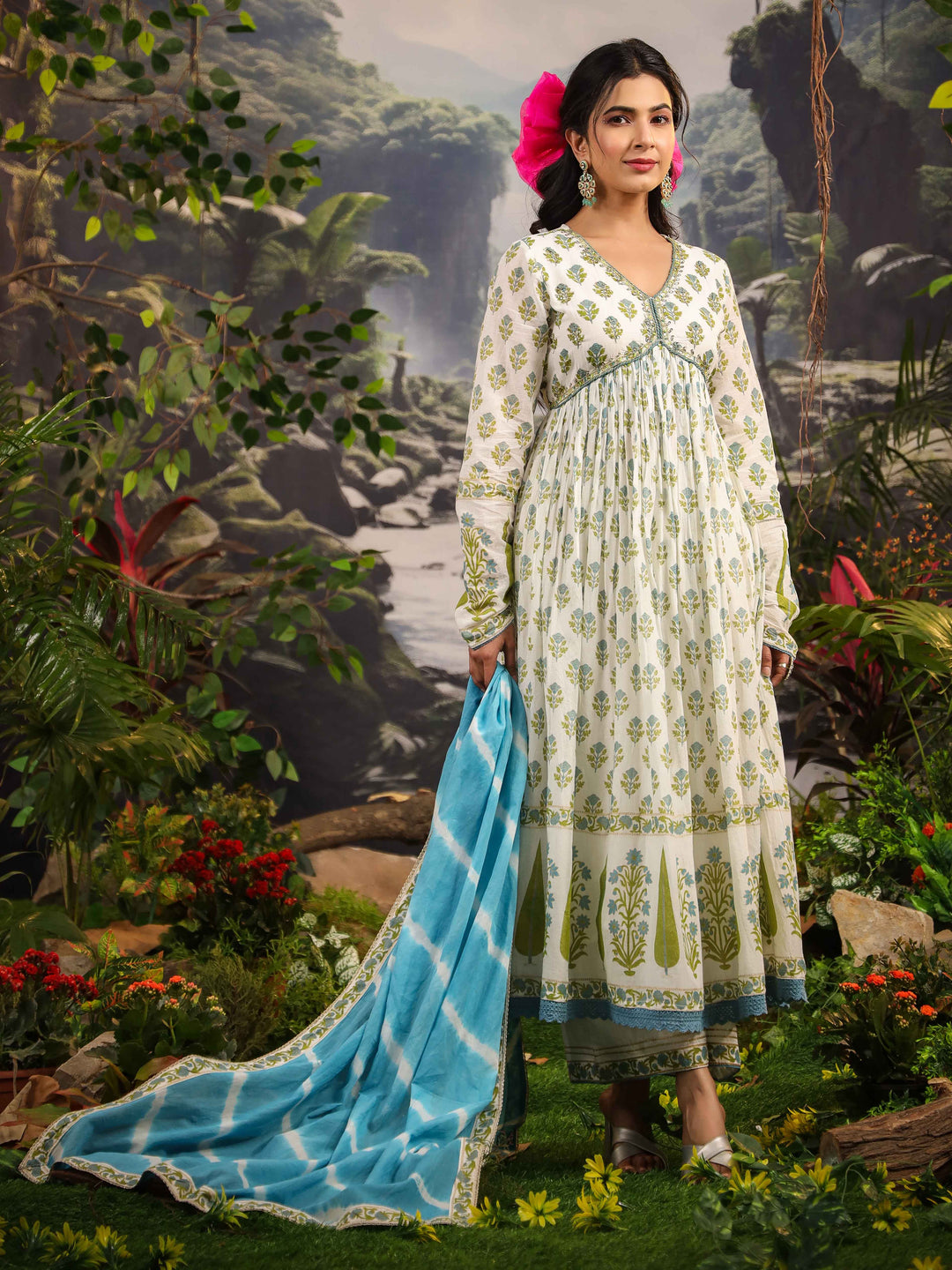Floral Printed Cotton Kurta With Palazzo &amp; Dupatta