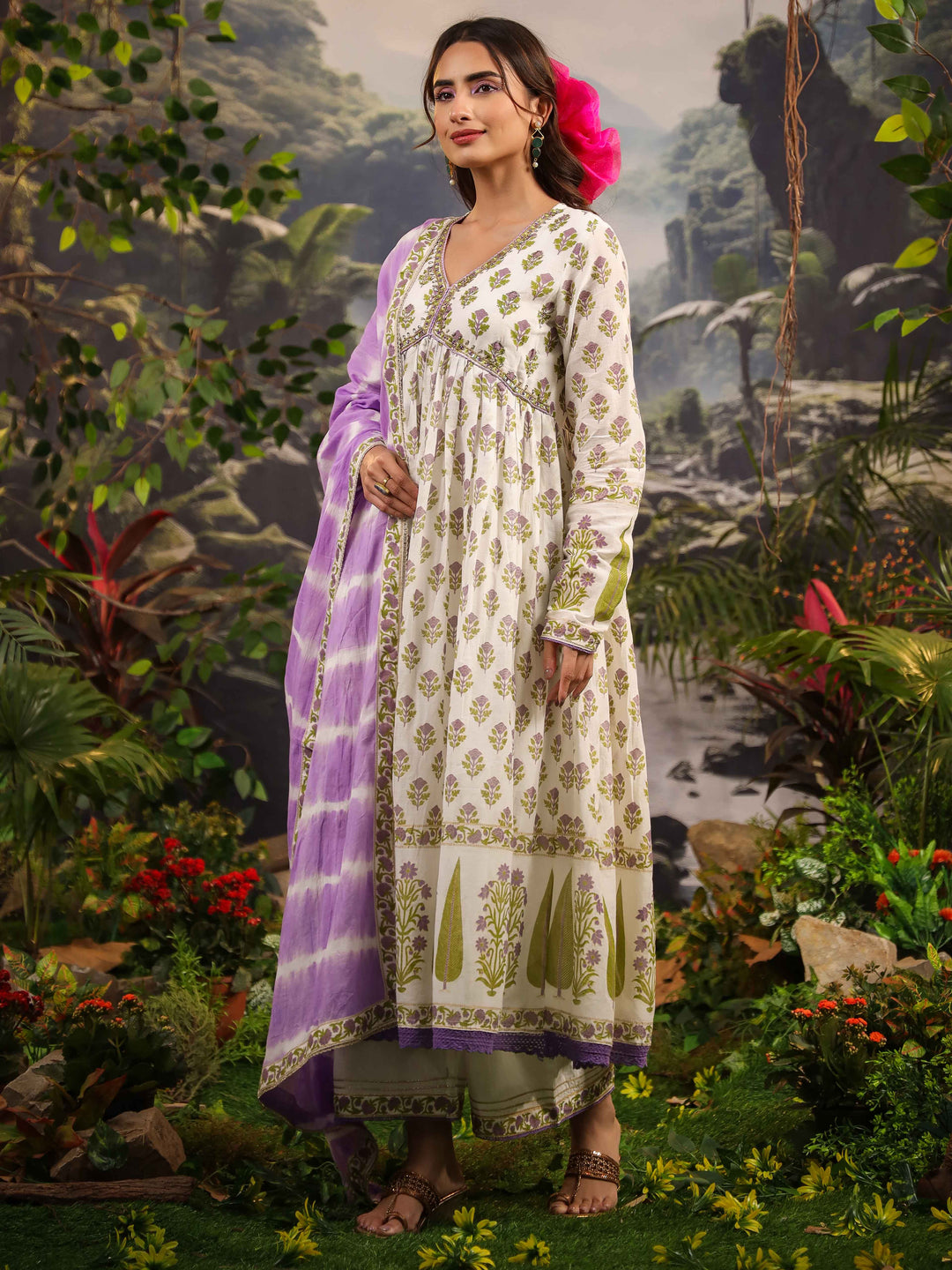 Floral Printed Cotton Kurta With Palazzo &amp; Dupatta
