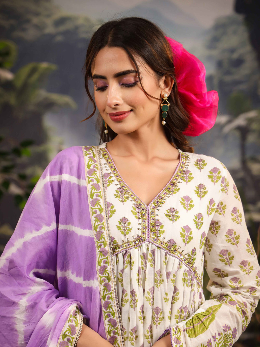 Floral Printed Cotton Kurta With Palazzo &amp; Dupatta