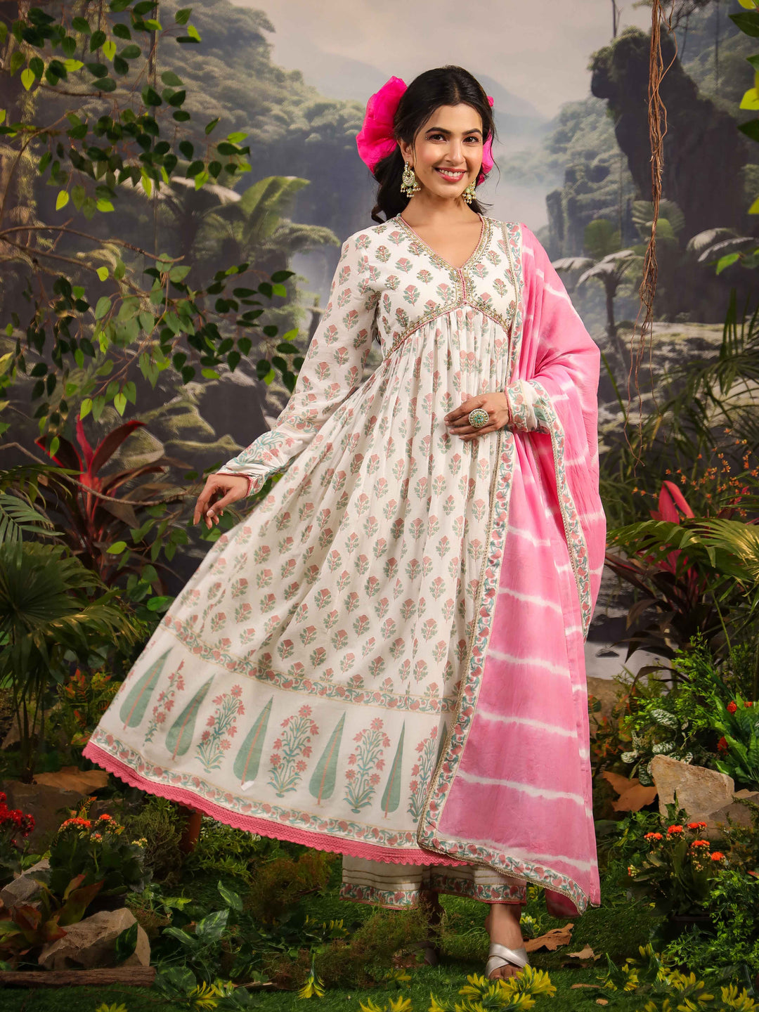 Floral Printed Cotton Kurta With Palazzo &amp; Dupatta