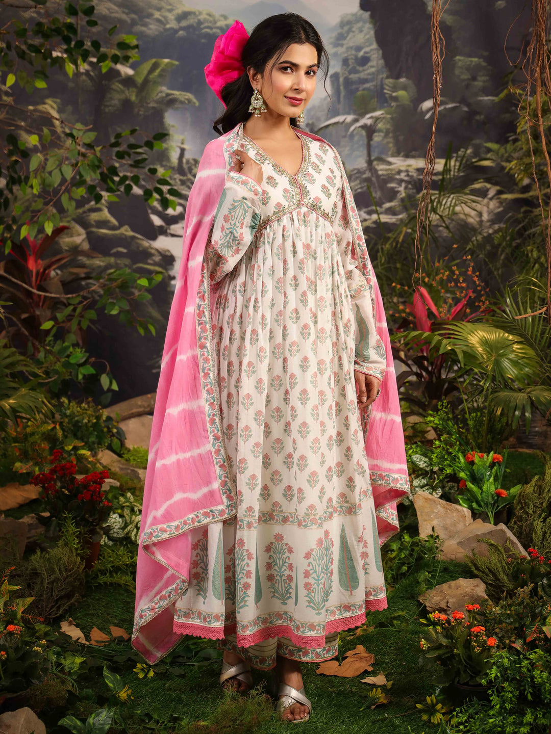Floral Printed Cotton Kurta With Palazzo &amp; Dupatta
