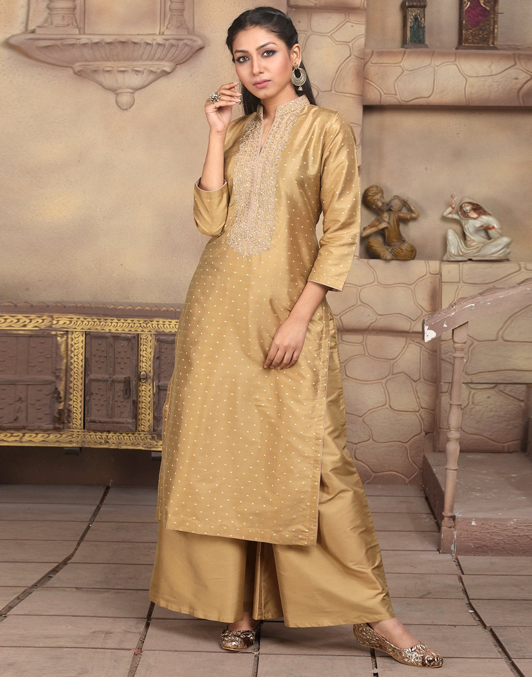 MBZ Meena Bazaar-Straight Chanderi Kurta with Plazzo Pants