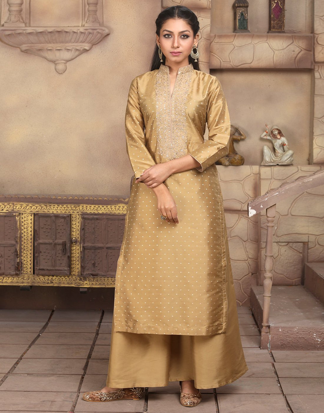 MBZ Meena Bazaar-Straight Chanderi Kurta with Plazzo Pants