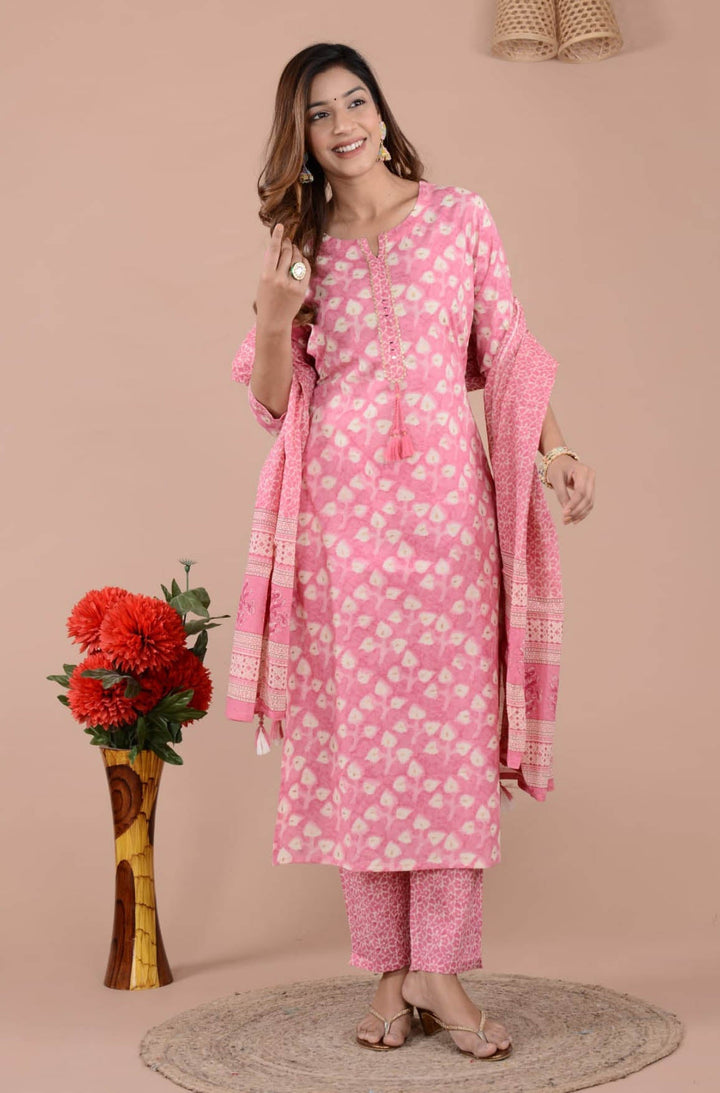 Floral Printed Cotton Kurta With Pants &amp; Dupatta