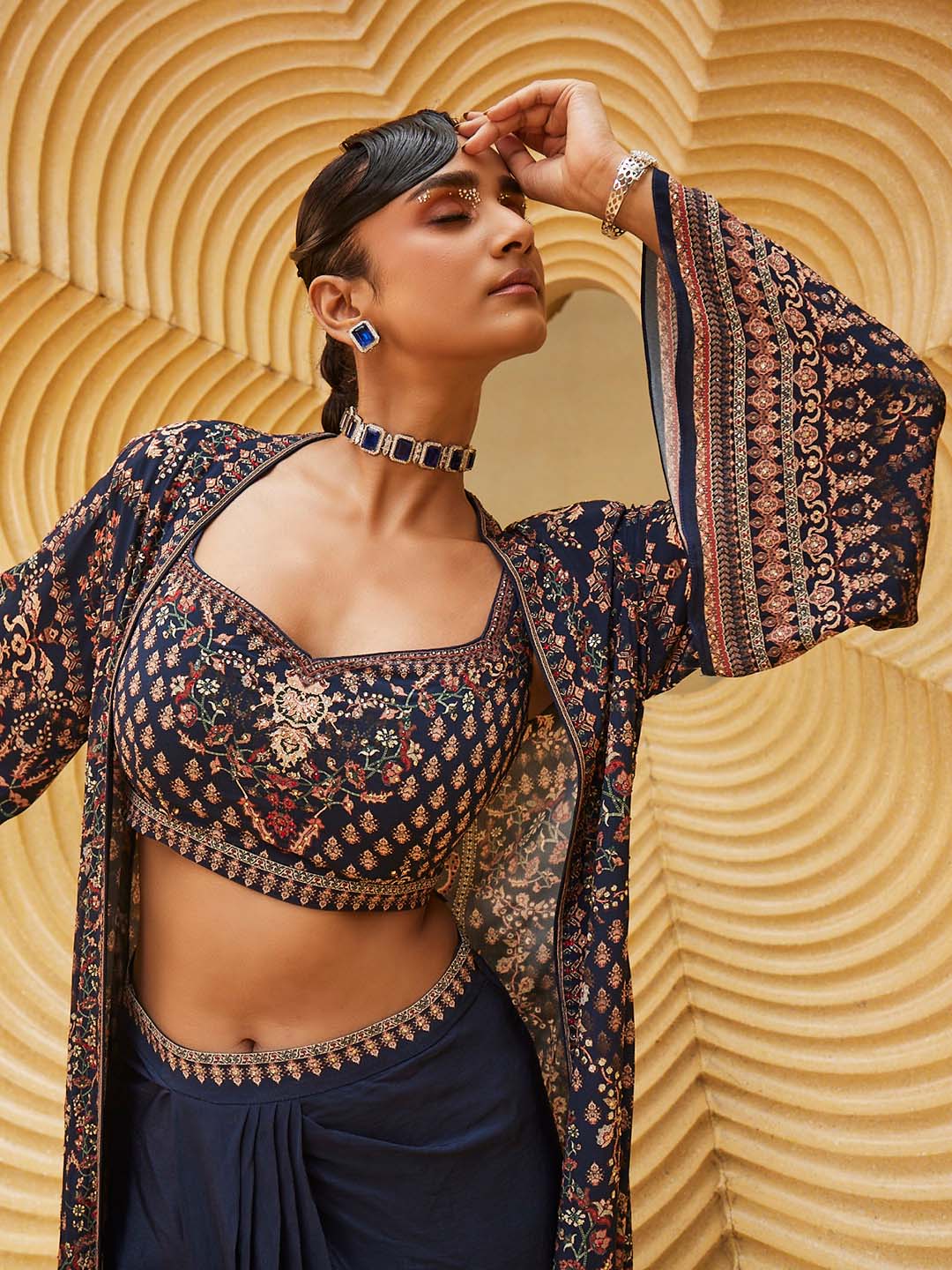 Printed Crepe Choli With Drape Dhoti &amp; Dupatta