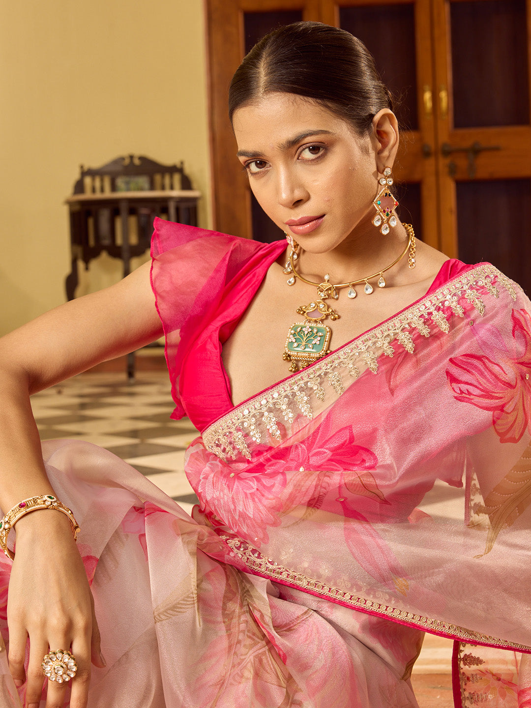 Sequin Embroidery &amp; Printed Organza Saree