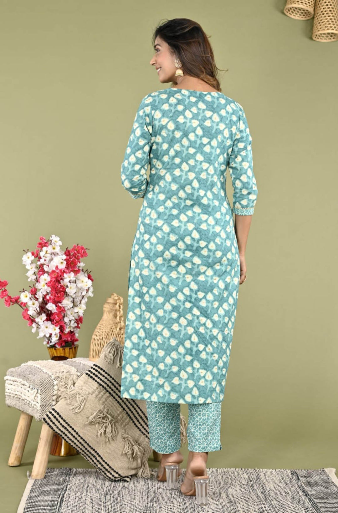 Floral Printed Cotton Kurta With Pants &amp; Dupatta
