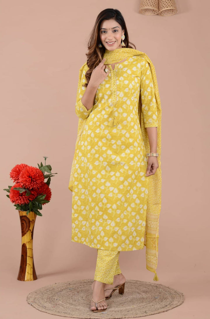 Floral Printed Cotton Kurta With Pants &amp; Dupatta