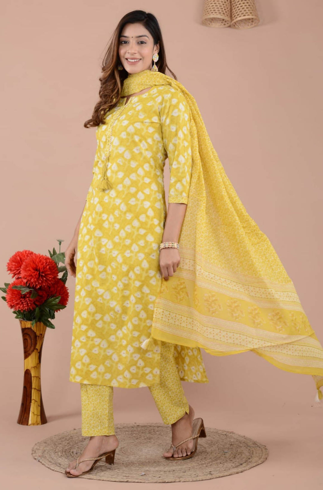 Floral Printed Cotton Kurta With Pants &amp; Dupatta